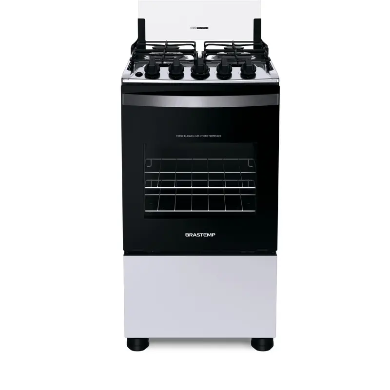 Fogão Brastemp 4 bocas branco com porta do forno preta e puxador prateado.
