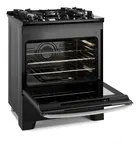 Fogão 5 Bocas Electrolux Preto FE5GB com a porta do forno aberta mostrando grades.