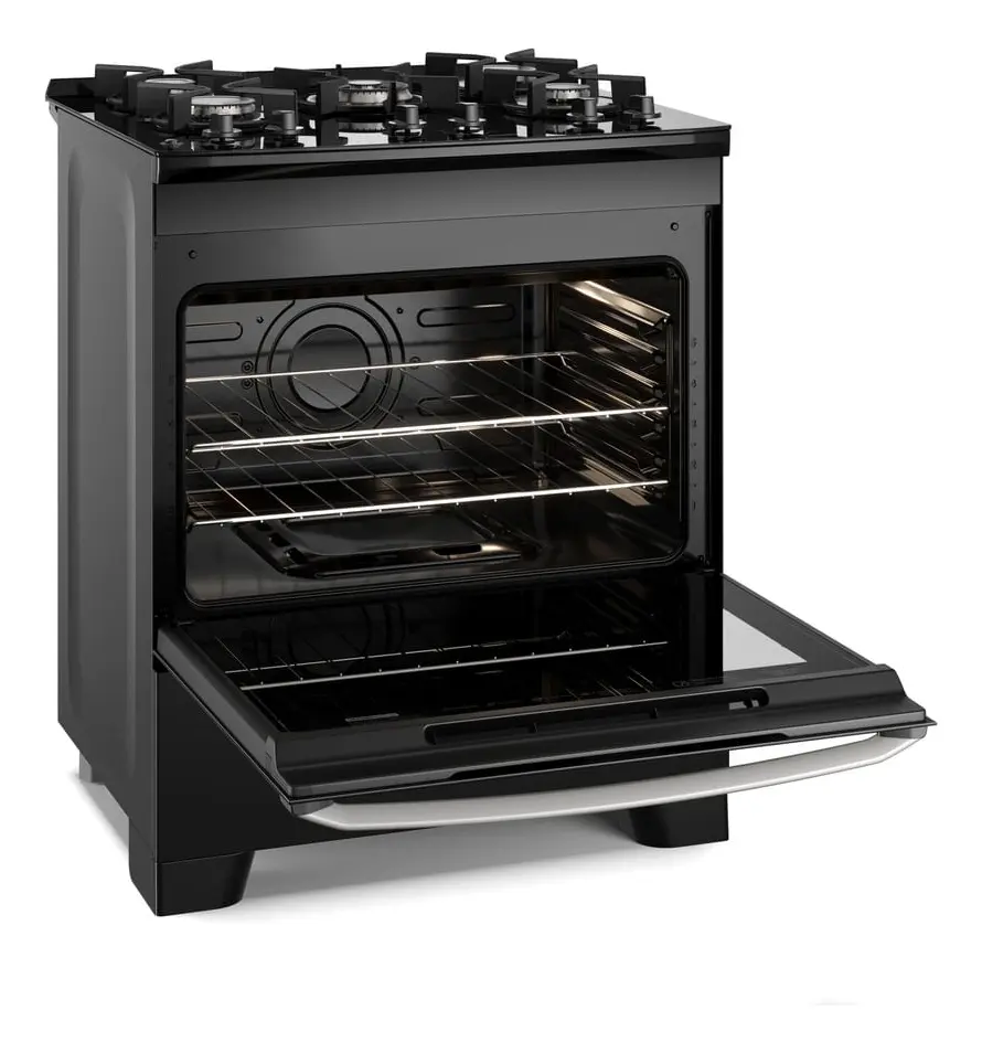 Fogão 5 Bocas Electrolux Preto FE5GB com a porta do forno aberta mostrando grades.