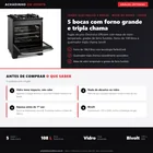 Infográfico editorial Achadinho: fogao Electrolux Efficient FE5GB preto de 5 bocas com mesa de vidro temperado, grades de ferro fundido, queimador tripla chama, acendimento automatico e forno de 108,9 litros PerfectCook; bivolt, 110V e 220V