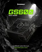 Fonte de alimentação Gamemax GS600 preta com grade de ventoinha e logo.