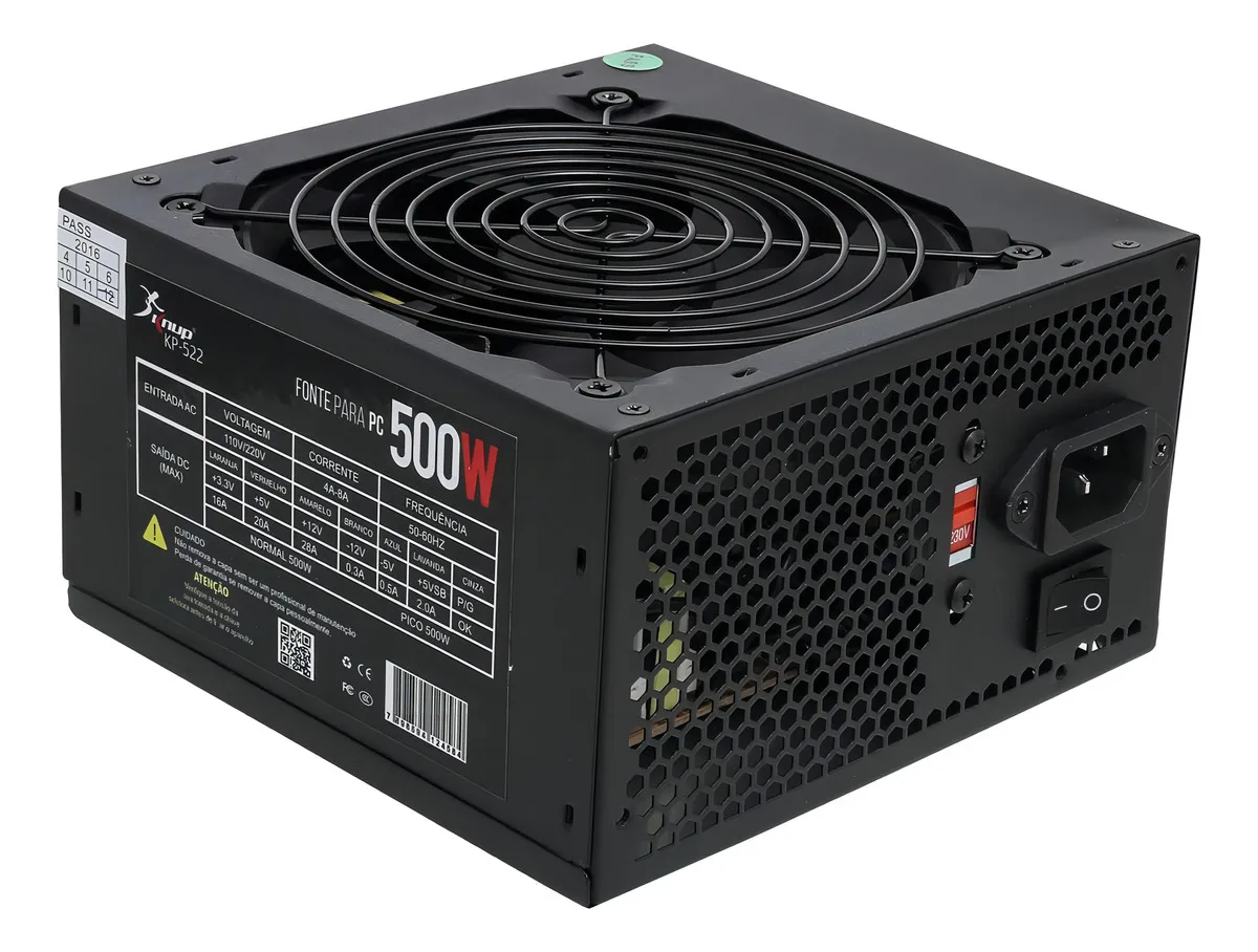 Fonte de alimentação 500W preta para PC com ventoinha superior e grade lateral.