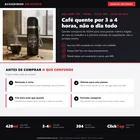 Infográfico editorial Achadinho: garrafa térmica preta fosca de 420ml em aço inox 304, parede dupla e tampa Click Top com trava, ao lado de headline sobre retenção térmica curta de 3 a 4 horas para bebida quente.