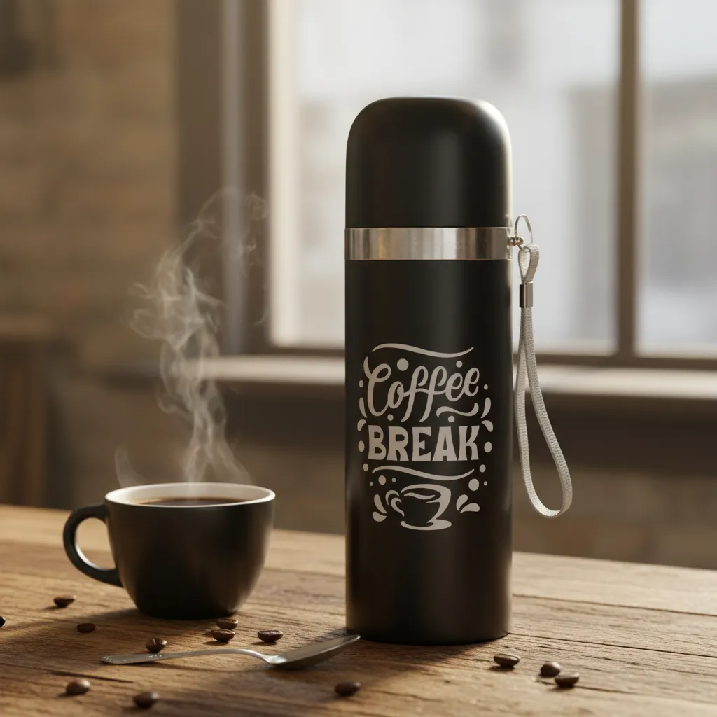 Garrafa térmica preta com 'coffee break' e xícara de café fumegante em mesa.