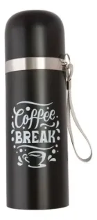 Garrafa térmica preta com faixa prateada, alça cinza e estampa branca Coffee Break.