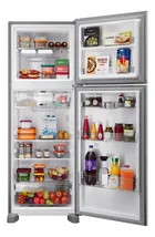 Geladeira Brastemp inox duplex aberta, interior cheio de alimentos coloridos e organizados.