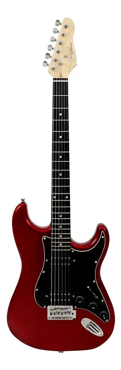 Guitarra Strato Elétrica Giannini G-102 Metallic Red com escudo preto e diapasão em madeira.