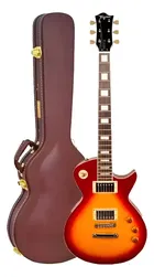 Guitarra Tagima Custom Mirach Sunburst 4339367 com corpo sunburst ao lado do case marrom.