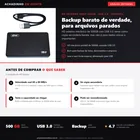 Infográfico editorial Achadinho: HD externo Knup de 500GB mecanico USB 3.0; velocidade real de 60 a 100 MB/s (o 5 Gbps e so a interface), serve como backup secundario barato e nao para dado unico; teste a capacidade ao receber