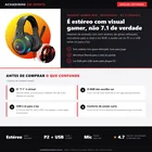 Infográfico editorial Achadinho: headset gamer com microfone e luz RGB para PC e console; o som e estereo com grave reforcado (o 7.1, quando existe, e surround virtual por software), o audio sai pelo plugue P2 e o USB serve so para acender a luz RGB
