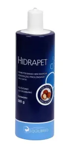 Hidrapet Creme em frasco azul escuro com tampa branca e detalhe de macadâmia