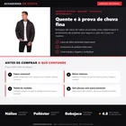 Infográfico editorial Achadinho: jaqueta puffer bobojaco de náilon impermeável com enchimento de poliéster para frio intenso, headline, três destaques, painel de alerta e barra de specs.