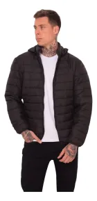 Jaqueta puffer preta masculina acolchoada com capuz, zíper aberto