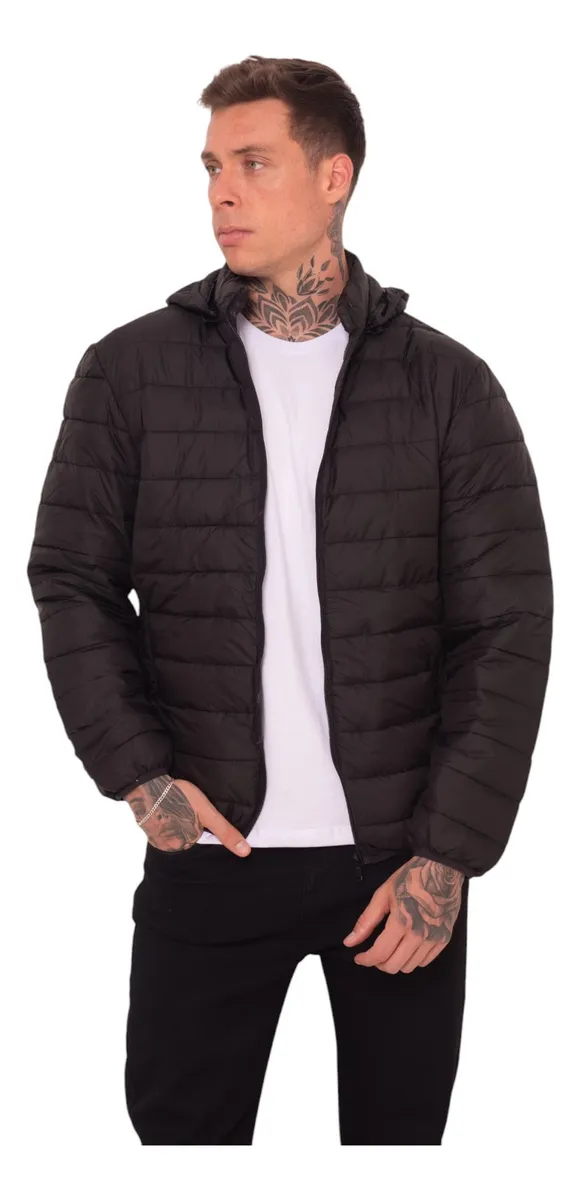 Jaqueta puffer preta masculina acolchoada com capuz, zíper aberto