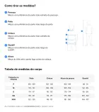 Guia de medidas corporais com tabela e diagrama para jaqueta puffer