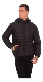 Jaqueta Puffer preta masculina com capuz, zíper e costuras horizontais