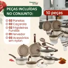 Jogo de panelas 10 peças bege com alças marrons e utensílios de nylon