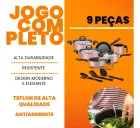 Jogo de Panelas 9 peças rosa com utensílios pretos