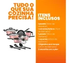 Jogo de Panelas rosa com tampas de vidro, frigideira e utensílios pretos
