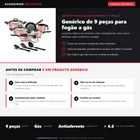 Infográfico da análise editorial Achadinho: jogo de panelas antiaderente genérico de 9 peças em alumínio para fogão a gás; sem marca definida e não serve em indução