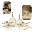 Jogo de Panelas Mimo Style Cook Marmol Vanila 10 peças creme com cabos de madeira