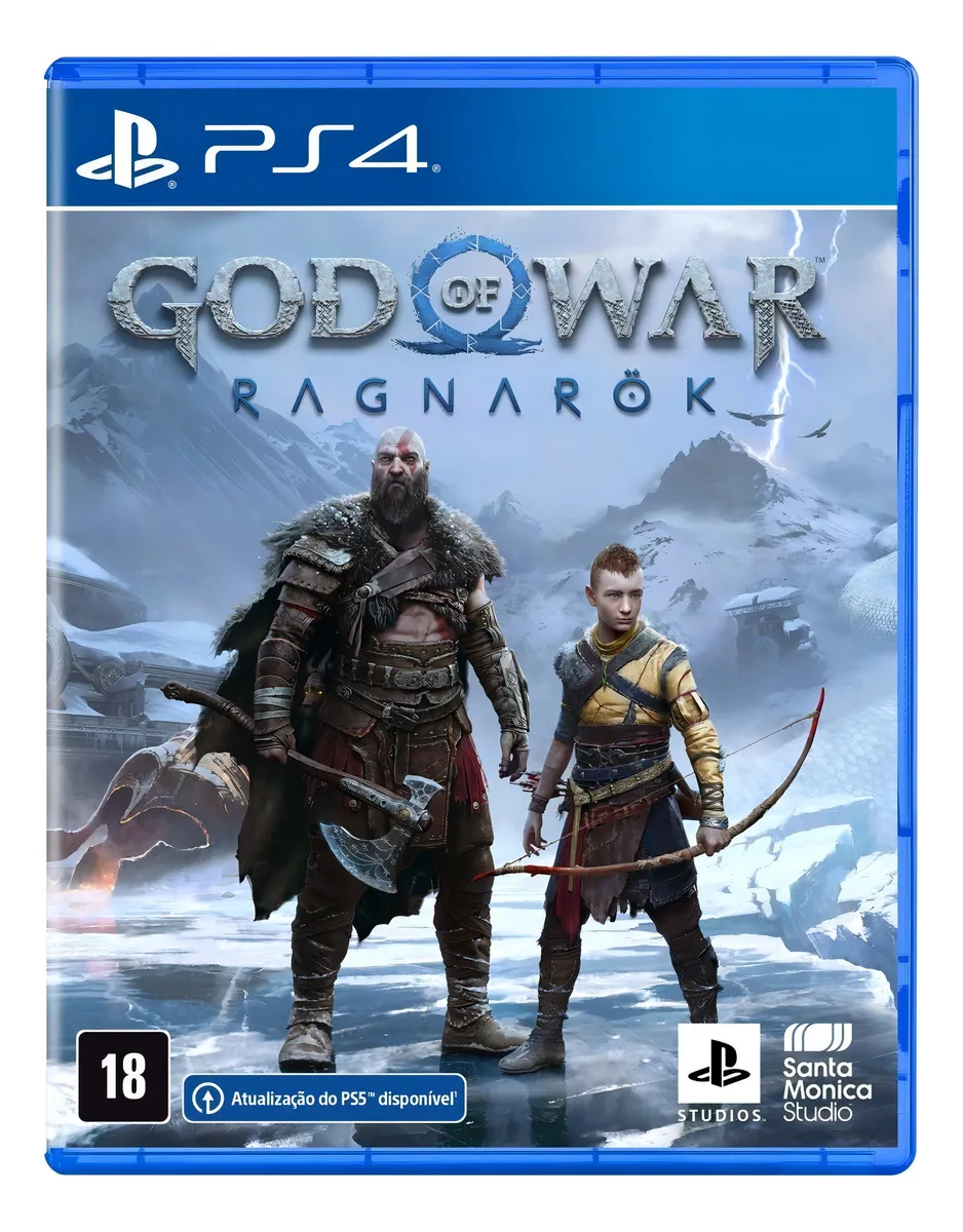 Capa azul de God Of War Ragnarok com Kratos e Atreus em cenário nevado.