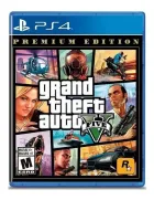 Capa azul do jogo Grand Theft Auto V PS4, com colagem de personagens e veículos.