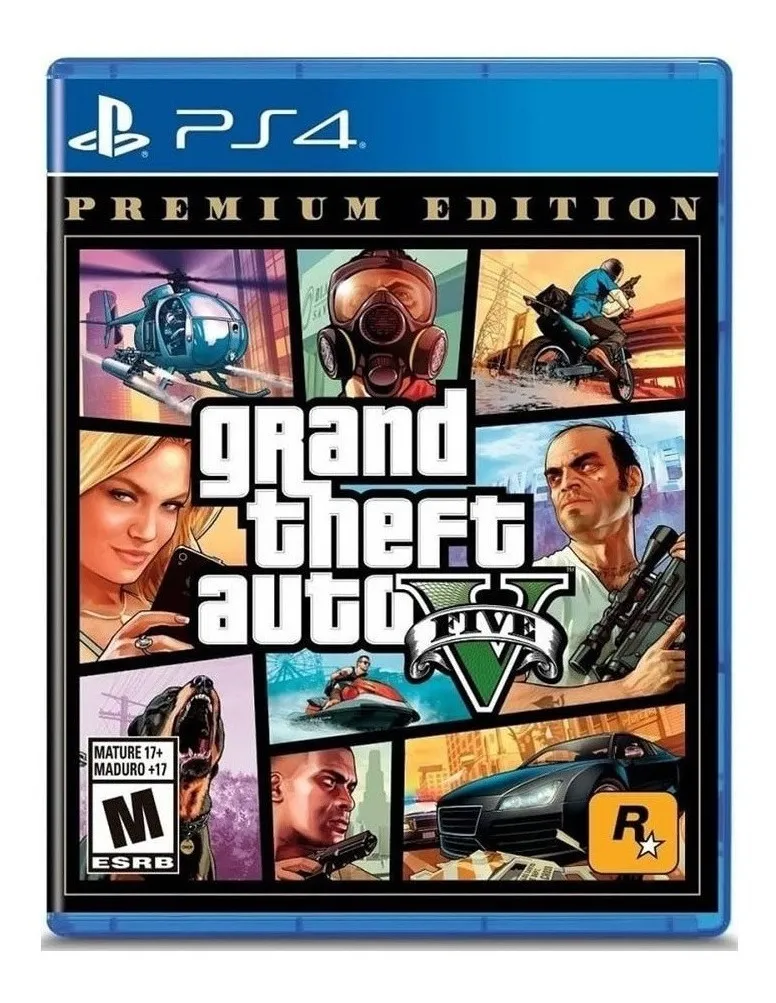 Capa azul do jogo Grand Theft Auto V PS4, com colagem de personagens e veículos.