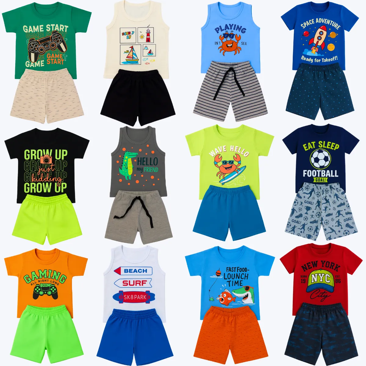 Conjunto Infantil Menino: 10 kits de roupas coloridas, camisetas estampadas e shorts.