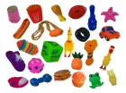Coleção de brinquedos mordedor pet coloridos com formas variadas.