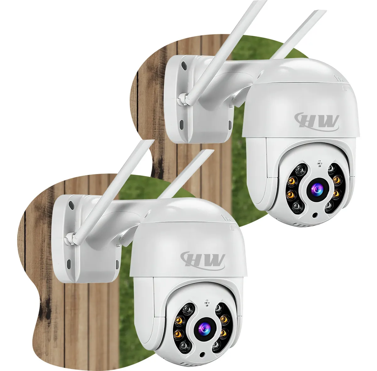 Duas câmeras IP HW brancas com antenas e LEDs na lente.