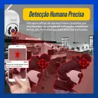 Câmera Ip Icsee branca com detecção humana em escritório e alarme no celular.