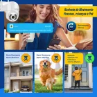 Câmera Ip Icsee branca, mulher com celular, cachorro e criança em diferentes ambientes.