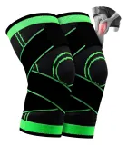 Par de joelheiras de compressão pretas com listras verdes e gráfico de joelho com dor.