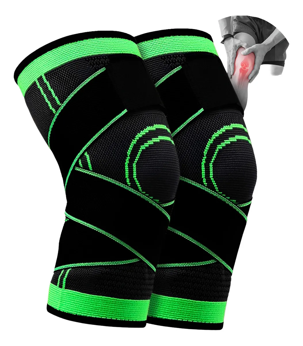 Par de joelheiras de compressão pretas com listras verdes e gráfico de joelho com dor.