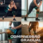 Joelheiras de compressão pretas e verdes com efeitos visuais em joelhos.