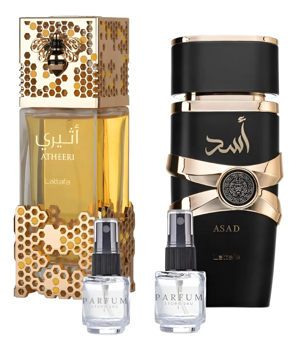 Frascos de perfume Lattafa Asad preto e Atheeri dourado com abelha e amostras