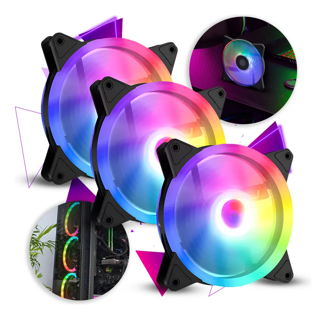 Três Fans Cooler RGB com iluminação LED colorida e molduras pretas.