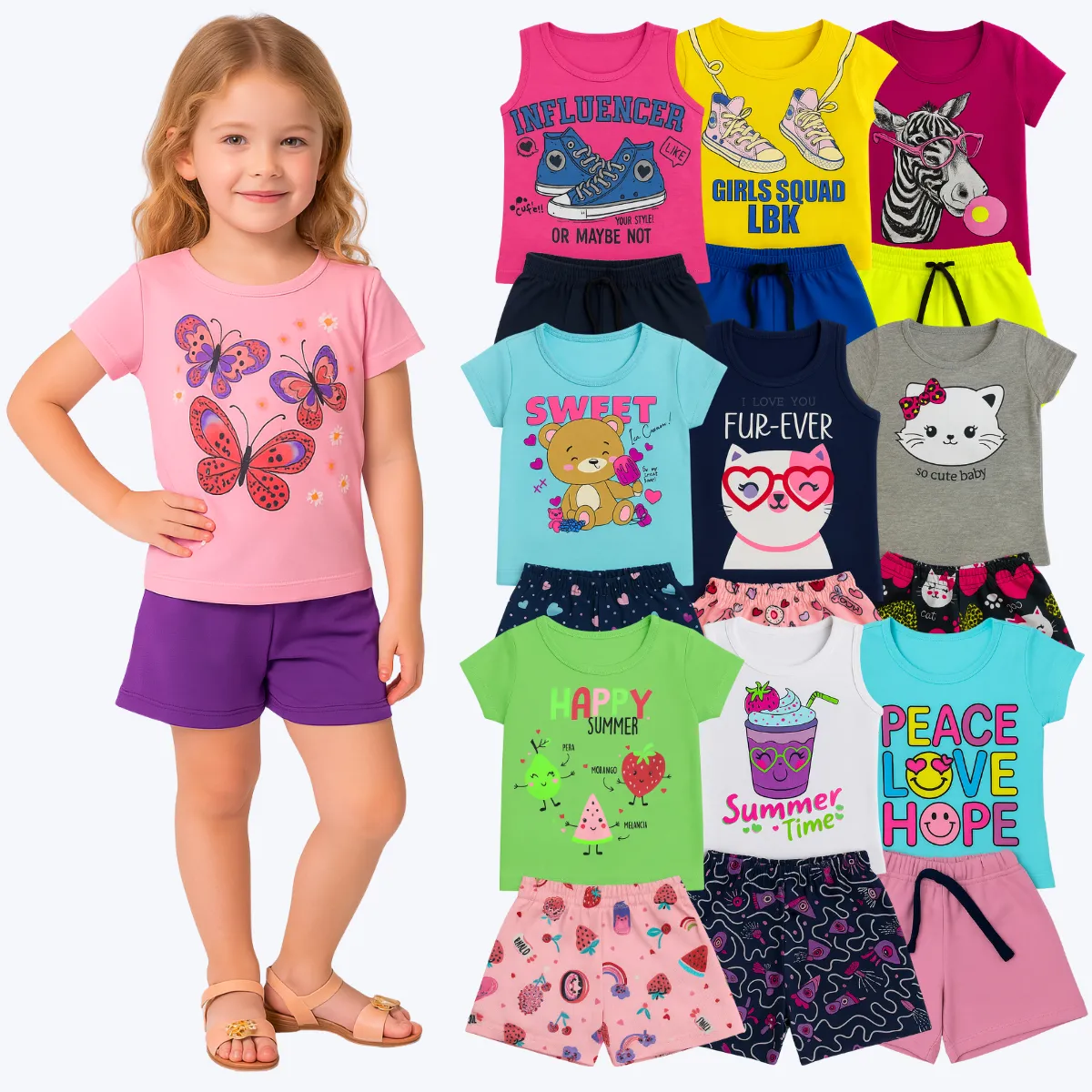 Conjunto Infantil Verão Menina: menina em rosa/roxo e diversos conjuntos coloridos com estampas variadas.