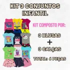 Conjunto infantil com seis peças coloridas, blusas e shorts estampados.