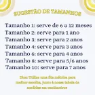 Tabela de tamanhos do Conjunto Infantil com texto preto em fundo branco e borda amarela.