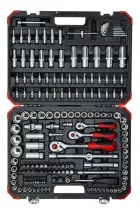 Kit Soquetes e Bits em estojo preto com ferramentas prateadas e cabos vermelhos