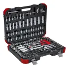 Kit Ferramentas aberto com soquetes e bits prateados em estojo preto e vermelho