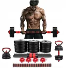 Kit musculação com halteres, barra, anilhas e kettlebells pretos e vermelhos.