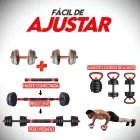 Kit halteres, barra e kettlebells ajustáveis cinza e vermelho em várias configurações.