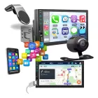 Mp5 Player 7 polegadas touch, câmera preta, suporte magnético e smartphone.