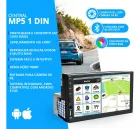 Mp5 Player 1 Din preto com tela touch exibindo mapa e ícones.