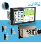 Mp5 Player preto com tela touch exibindo mapa e suportes de montagem ajustáveis.