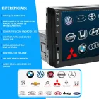 Mp5 Player preto com tela touch 7pol exibindo logos de carros.