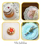 Papel toalha rendado doilie branco em quatro cenas com doces e mesa posta